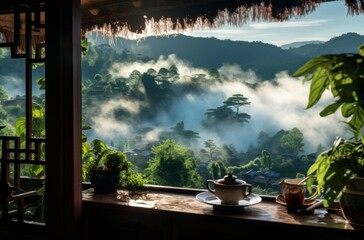 Photo of a beautiful tea pot with a breathtaking view of the valley.generative ai