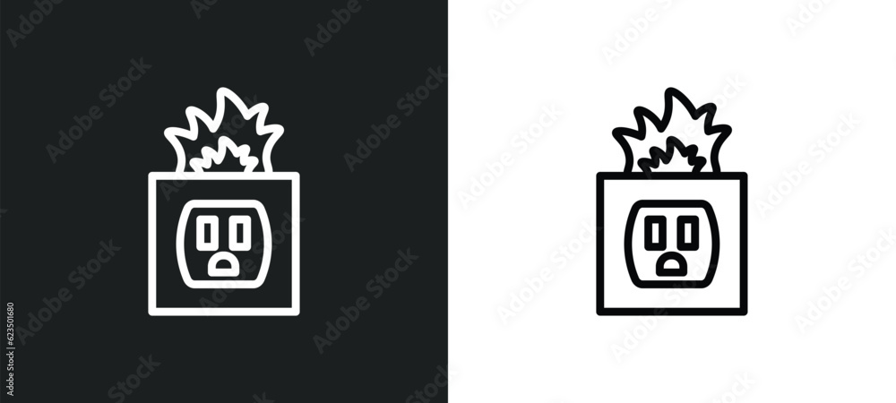 Poster electric socket on fire icon isolated in white and black colors. electric socket on fire outline vec