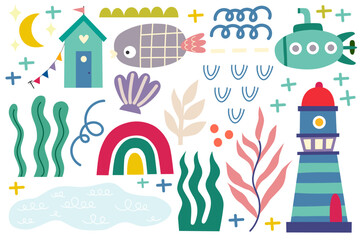 Summer design elements, house beach, rainbow, fish, lighthouse, seaweed, shell, star. Colorful shape doodle collection. Funny basic shapes, random childish doodle cutouts hand and decorative abstract 
