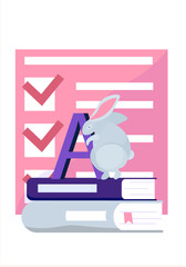 Cute white rabbit sitting on the stack of books with big letter flat style junior school illustration. List with marks and positivity domestic animal. Obtaining education, learning foreign languages