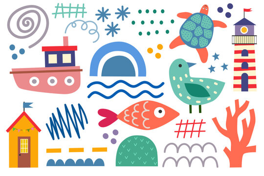 Summer design elements, house beach, rainbow, fish, lighthouse, boat, bird, shell, star. Colorful shape doodle collection. childish doodle cutouts hand and decorative abstract art.