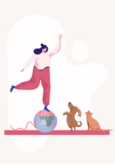 Young woman is balancing on a ball, training her domestic animals cat and dog with bone in hand. Happy female cartoon character playing with her pets. Owner with her cheerful doggy and kitty