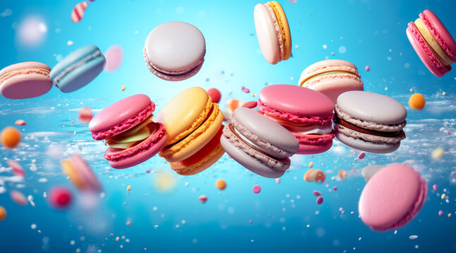 Colorful macaroons or macarons falling or flying over background. Copy space. Generative AI