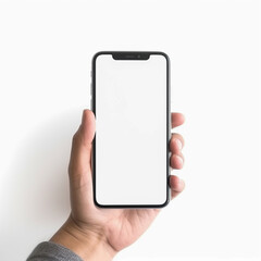 Man hand holding black smartphone isolated on white background