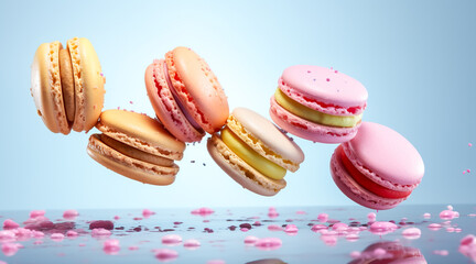 Fototapeta na wymiar Colorful macaroons or macarons falling or flying over background. Copy space. Generative AI