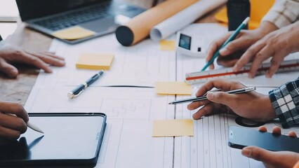 Engineer Teamwork Meeting, Drawing working on blueprint meeting for project working with partner on model building and engineering tools in working site, Construction and structure concept.