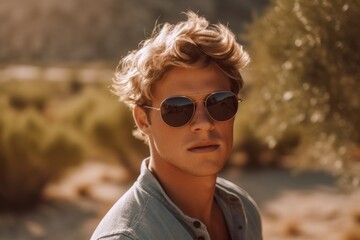 Close-up portrait photography of a glad boy in his 30s wearing a trendy sunglasses against a picturesque desert oasis background. With generative AI technology