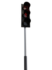 Traffic light with with pedestrian signals and pole on white background, low angle view