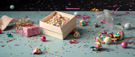Fototapeta na wymiar Close-up of gift boxes, colorful confetti, sparkles.Happy Holidays composition.Celebration background. Flat lay. Top view. cover for social networks, shopping mockup.Generative Ai