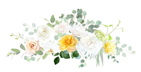 Yellow rose, ivory dahlia, green hydrangea, magnolia, orchid, spring garden flowers, emerald greenery, eucalyptus