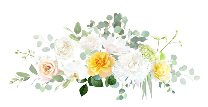 Yellow rose, ivory dahlia, green hydrangea, magnolia, orchid, spring garden flowers, emerald greenery, eucalyptus