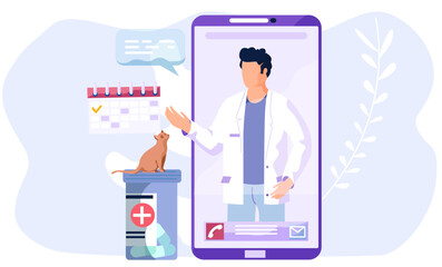 Online veterinarian consultation. Veterinary doctor appointment. Modern healthcare technologies, mobile application. Animal hospital. A cat sitting on container with pills looking at male doctor