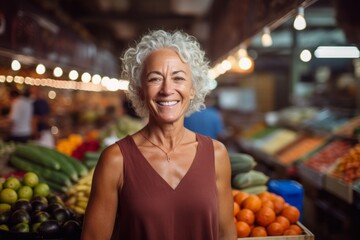 Editorial portrait photography of a happy mature woman wearing a daring tube top against a bustling indoor market background. With generative AI technology