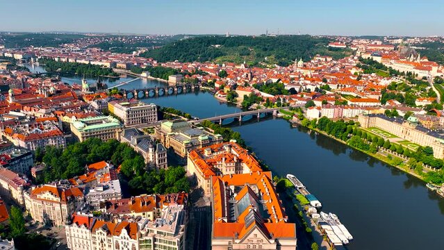 Aerial view of Prague, a capital city of the Czech Republic, is bisected by the Vltava River, Europe