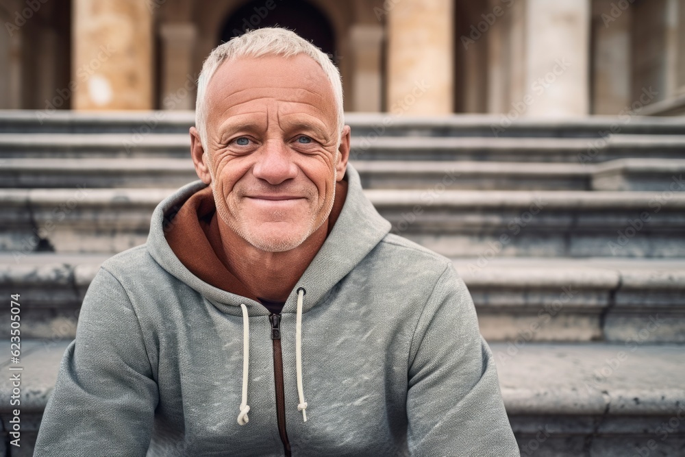 Wall mural Close-up portrait photography of a happy mature man wearing a comfortable hoodie against a historic museum background. With generative AI technology - Wall murals