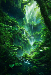 Green beautiful jungle background, Generative AI Illustration.