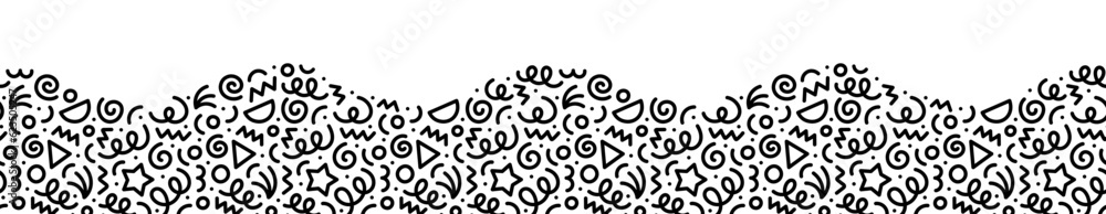 Poster Fun black and white line doodle wave seamless pattern. Creative style art background for children or trendy design with basic shapes. Simple party confetti texture, childish scribble shape backdrop.