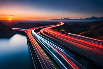 Fototapete Autobahn in der Nacht abstract long exposure dynamic speed light trails background