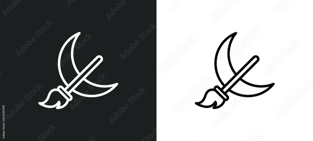 Poster moon and broom icon isolated in white and black colors. moon and broom outline vector icon from shap