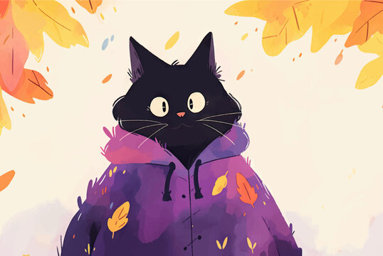 Cute black cat in a purple dress with a bow. Vector illustration.