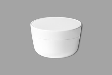 Blank white cosmetic jar mockup isolated on a grey background. Blank label for branding mock-up. face cream plastic packaging container. face and body care, anti age product. 3d rendering.