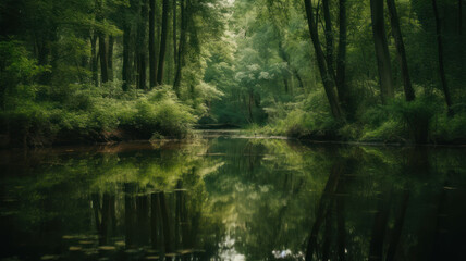Green forest reflected in the pond Generative AI