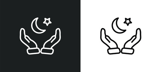 muslim praying hands icon isolated in white and black colors. muslim praying hands outline vector icon from religion collection for web, mobile apps and ui.