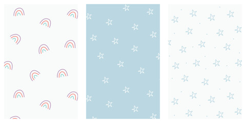 Cute sky seamless pattern set. Simple nursery art for baby. White and  blue stars and rainbow on blue and white background. Vector illustration.