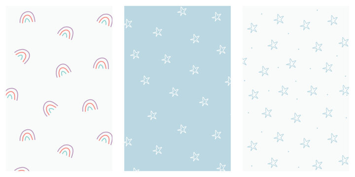 Cute sky seamless pattern set. Simple nursery art for baby. White and  blue stars and rainbow on blue and white background. Vector illustration.