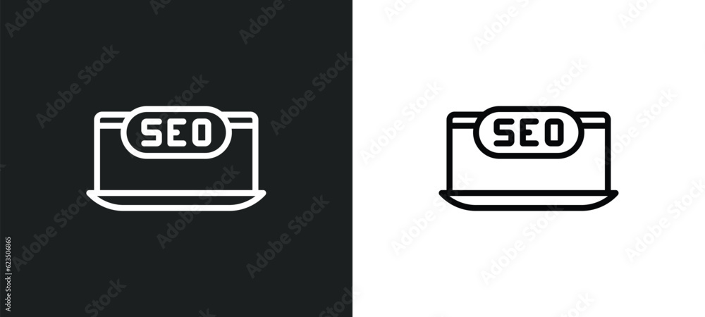 Poster seo monitoring icon isolated in white and black colors. seo monitoring outline vector icon from prog