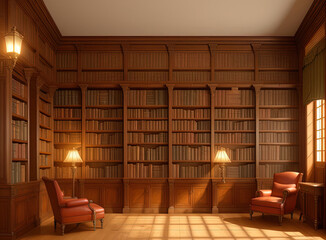 Antique library with bookshelves. Ai generated