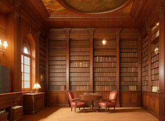 Antique library with bookshelves. Ai generated