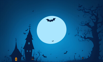 Halloween 2023. City panorama in halloween style. Scary halloween isolated background. Halloween on blue and black background. illustration style.