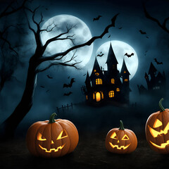 2023 Halloween night in fantasy style. Happy Halloween background with scary pumpkin in graveyard with haunted house and full moon. Illustration for Happy Halloween card, flyer and poster.
