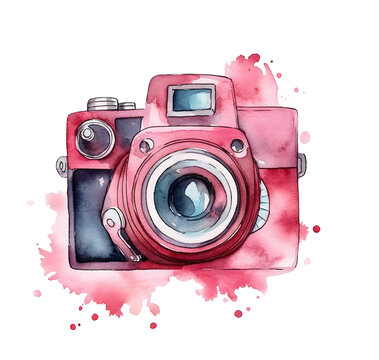 watercolor image pink retro photo camera, watercolor splatter, png on a transparent background. generated ai