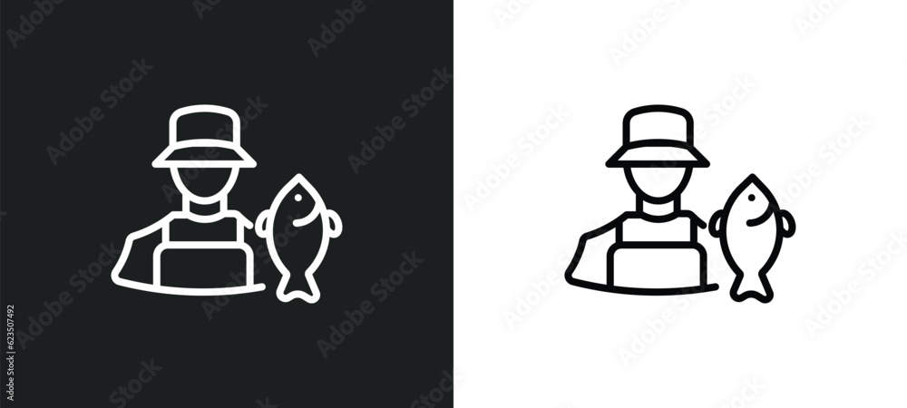Poster fisherman icon isolated in white and black colors. fisherman outline vector icon from professions co