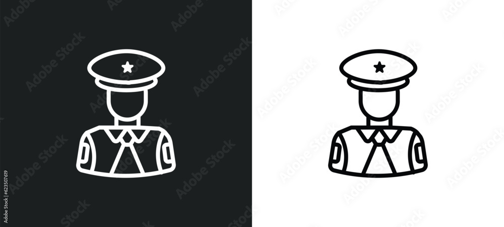Poster policeman working icon isolated in white and black colors. policeman working outline vector icon fro