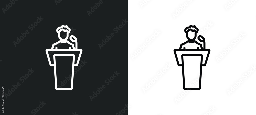Poster man giving a speech icon isolated in white and black colors. man giving a speech outline vector icon