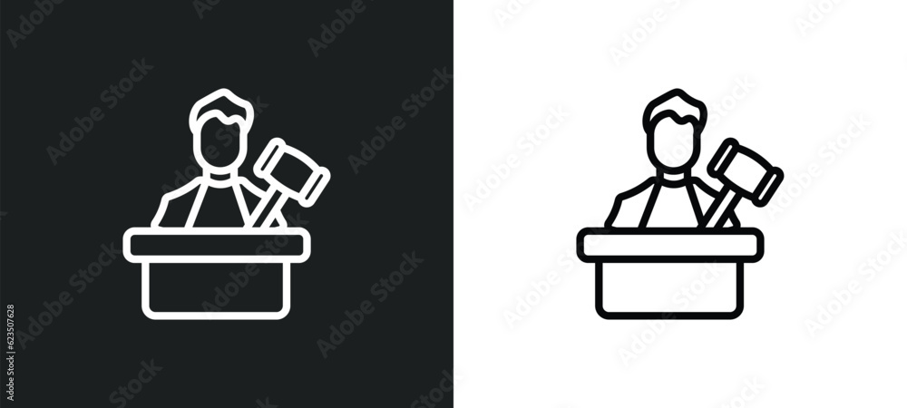 Poster judge with hammer icon isolated in white and black colors. judge with hammer outline vector icon fro