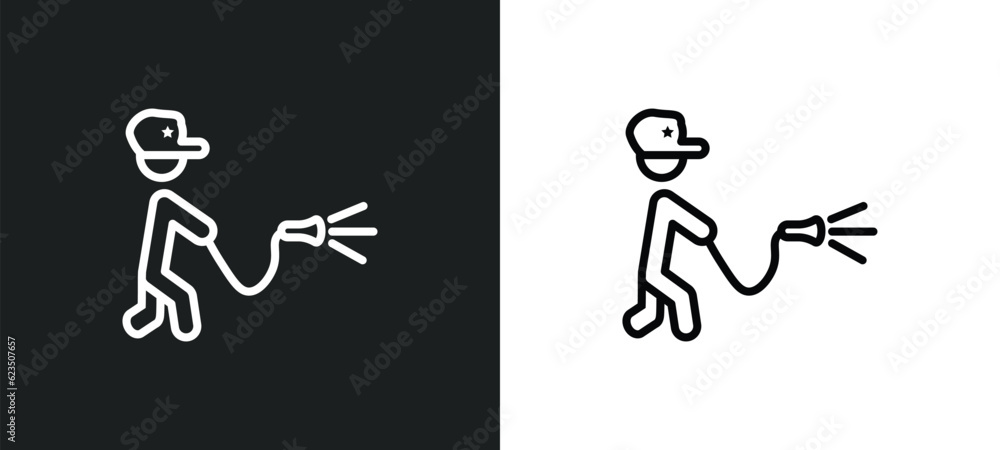 Poster firefighter working icon isolated in white and black colors. firefighter working outline vector icon