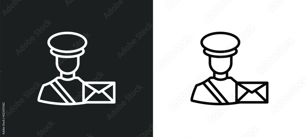 Poster postman working icon isolated in white and black colors. postman working outline vector icon from pe