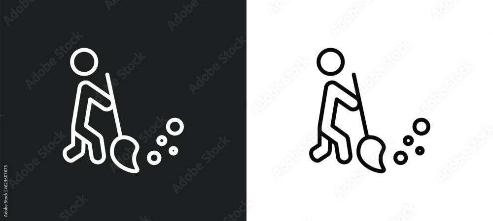 Poster sweeper working icon isolated in white and black colors. sweeper working outline vector icon from pe