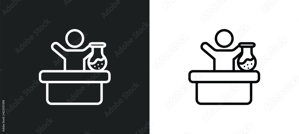 Poster chemist working icon isolated in white and black colors. chemist working outline vector icon from pe