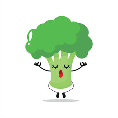 Cute relax broccoli character. Funny yoga broccoli cartoon emoticon in flat style. vegetable emoji meditation vector illustration
