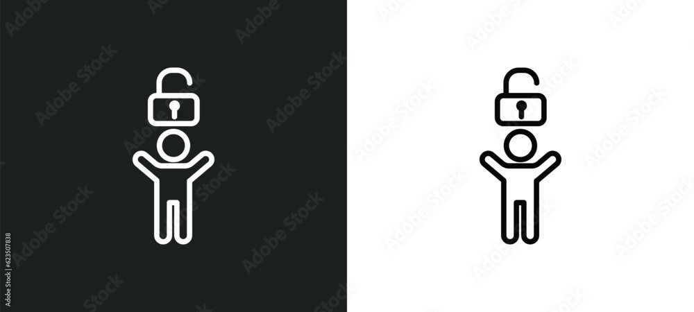 Poster man with open lock icon isolated in white and black colors. man with open lock outline vector icon f