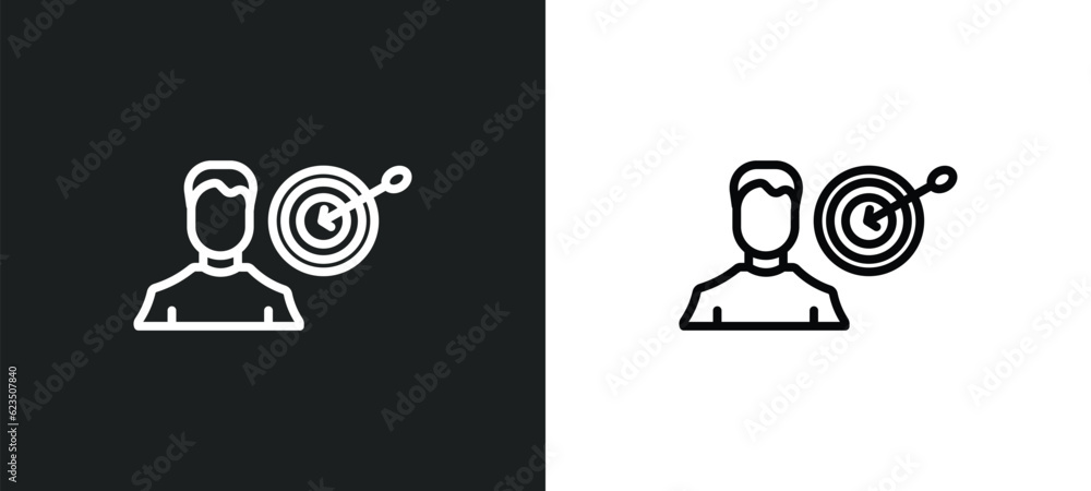 Poster man with target icon isolated in white and black colors. man with target outline vector icon from pe