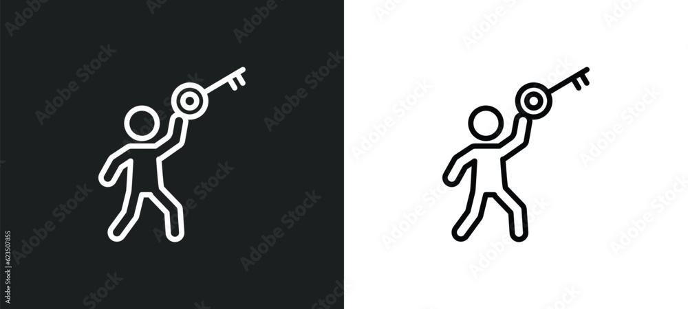 Poster man with big key icon isolated in white and black colors. man with big key outline vector icon from 