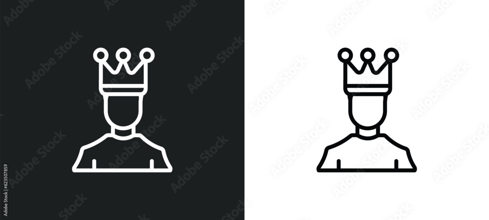 Poster man with crown icon isolated in white and black colors. man with crown outline vector icon from peop