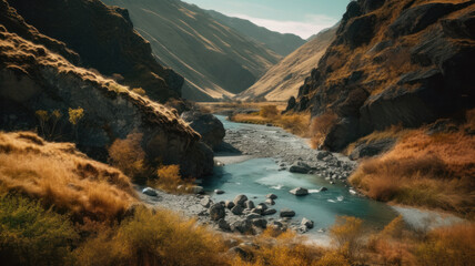 Skippers Canyon, river in mountainous landscape. Generative AI