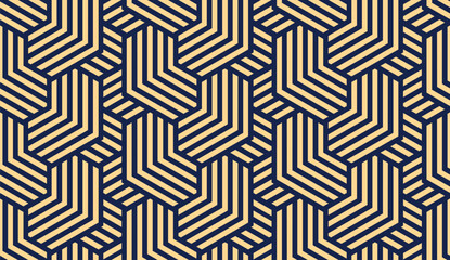 Abstract geometric pattern with stripes, lines. Seamless vector background. Gold and dark blue ornament. Simple lattice graphic design